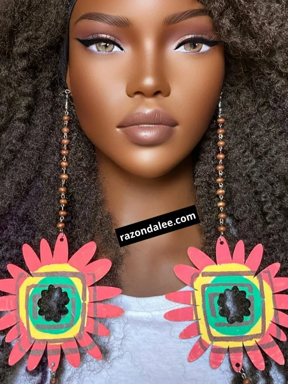 Elongated Wooden Dangle Earrings Rasta Flowers by Razonda Lee